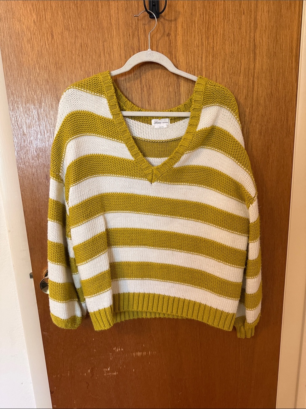 Lovers + Friends Olive Green and Cream Striped V-Neck Sweater